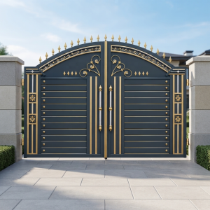 Royal Navy Blue & Gold Arched Double Swing Main Gate with Scrollwork & Spear Finials