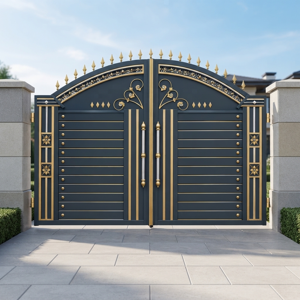 Royal Navy Blue & Gold Arched Double Swing Main Gate with Scrollwork & Spear Finials
