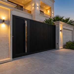 Ultra-Modern Matte Black Sliding Main Gate with Integrated Pedestrian Door & Gold Accents