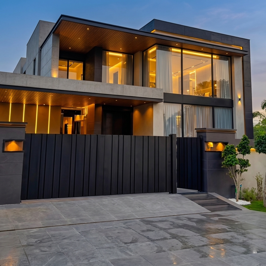 Ultra-Modern Matte Charcoal Black Vertical Slat Sliding Main Gate with Integrated Pedestrian Door