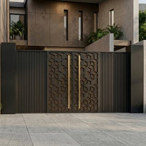 Luxury Bronze & Gold Geometric 3D Lattice Double Swing Main Gate