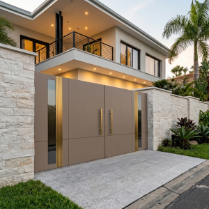 Modern Taupe & Gold Double Swing Main Gate with Vertical Glass Inserts