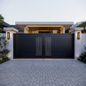 Ultra-Modern Matte Black Double Swing Main Gate with Geometric Maze Accent Panels