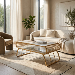 Luxurious Gold Metal Coffee Table with Sculptural Curved Slats and Dual-Tier Shelves