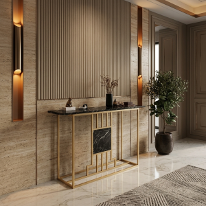 Ultra-Modern Gold Metal Console Table with Black Marble Top and Geometric Stepped Base