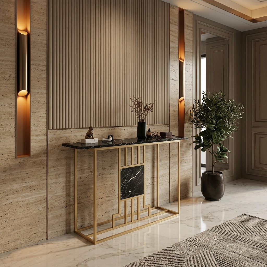 Ultra-Modern Gold Metal Console Table with Black Marble Top and Geometric Stepped Base