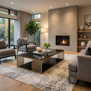 Ultra-Modern Gold Metal Coffee Table with Black Marble Top and Vertical Slatted Base