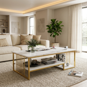 Ultra-Modern Gold Metal Coffee Table with White Marble Top and Vertical Slatted Base