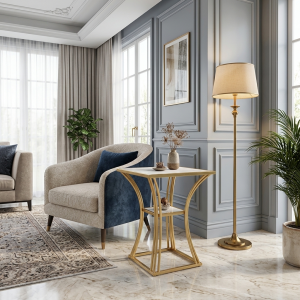 Elegant Gold Metal Side Table with White Marble Top and Curved Sculptural Base