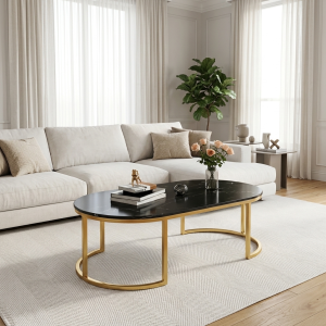 Ultra-Modern Oval Gold Metal Coffee Table with Black Marble Top and Sculptural Curved Base