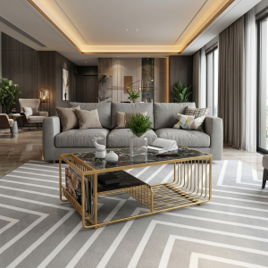Ultra-Modern Gold Metal Coffee Table with Black Marble Top and Curved Slatted Base & Magazine Rack