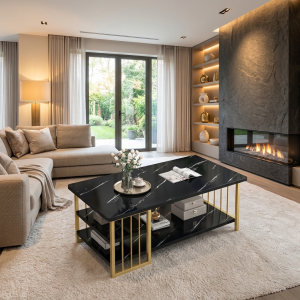 Ultra-Modern Gold Metal Coffee Table with Black Marble Top and Triple-Tier Vertical Slatted Base