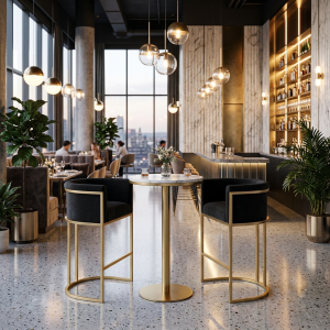 Ultra-Modern Gold Metal Bar Table Set with White Marble Top and Sculptural Black Velvet Stools