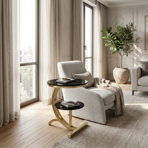 Ultra-Modern Gold Metal Side Table with Black Marble Tops and Dual-Tier Sculptural Curved Base