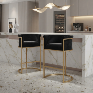 Ultra-Modern Gold Metal Bar Stools with Black Velvet Upholstery and Sculptural Curved Base