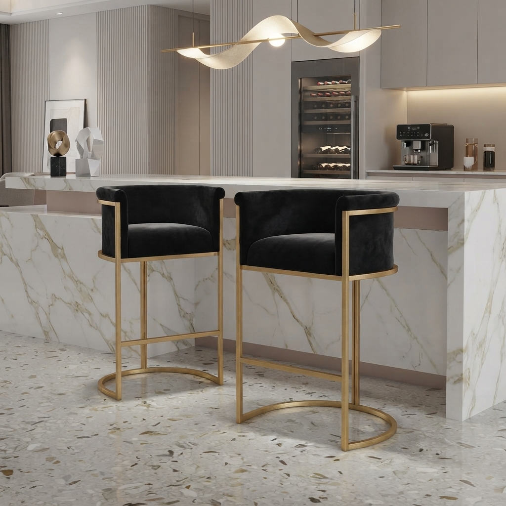 Ultra-Modern Gold Metal Bar Stools with Black Velvet Upholstery and Sculptural Curved Base