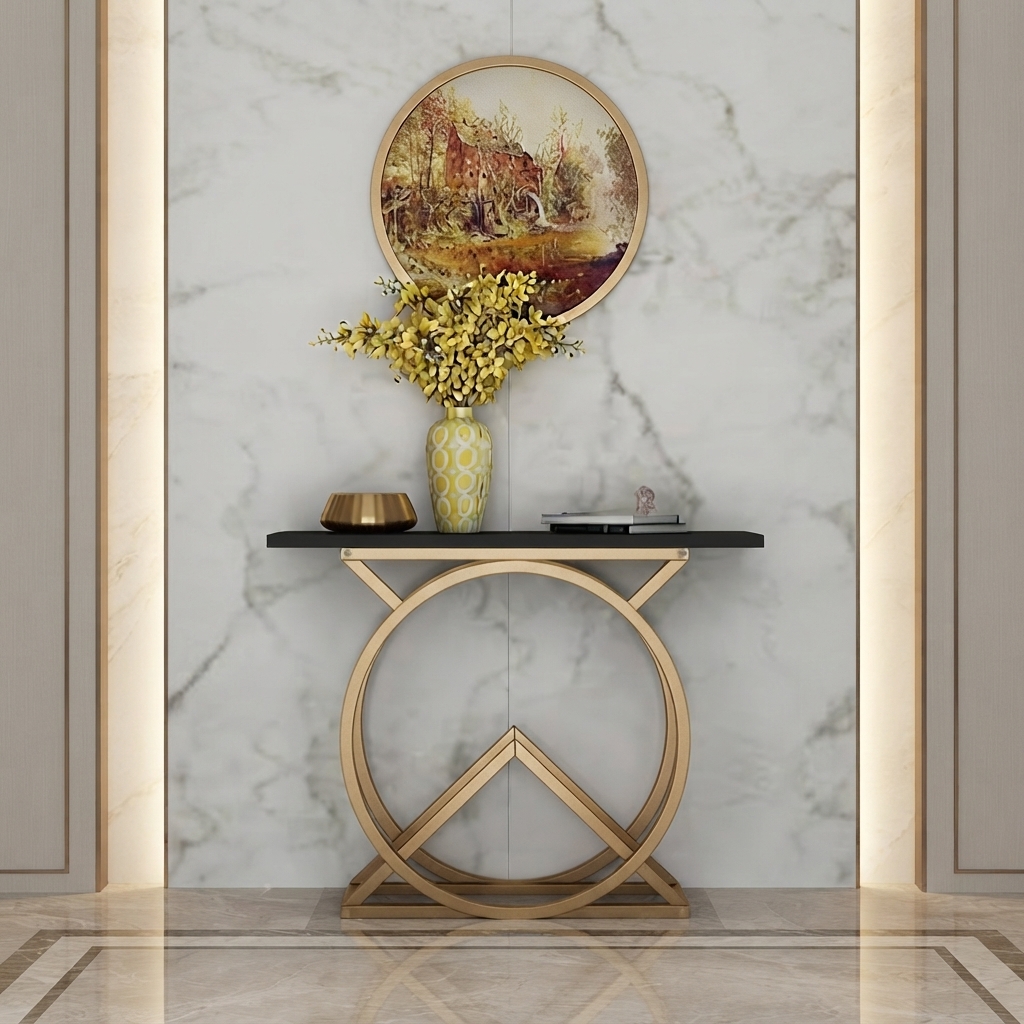 Ultra-Modern Gold Metal Console Table with Black Stone Top and Sculptural Circular Ring Base