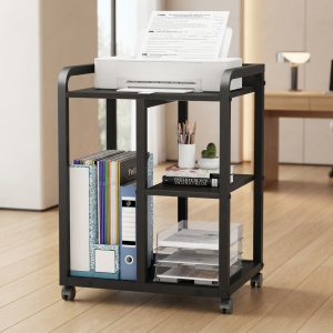 Ultra-Modern Matte Black Metal Mobile Printer Stand and Multi-Tier Utility Cart with Locking Casters