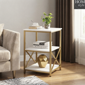 Ultra-Modern White and Gold Metal Side Table with Three-Tier Shelves and X-Brace Frame