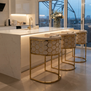 Ultra-Modern Gold Metal Bar Stools with Cream Velvet Upholstery and Geometric Hexagonal Backrest