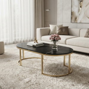 Ultra-Modern Gold Metal Oval Coffee Table with Black Marble Top and Sculptural Curved Base