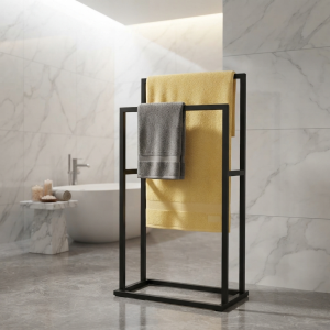 Ultra-Modern Matte Black Metal Freestanding Towel Rack with Dual-Tier Staggered Bars and Minimalist Open Frame
