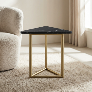 Ultra-Modern Gold Metal Side Table with Black Marble Triangular Top and Minimalist Open Frame Design