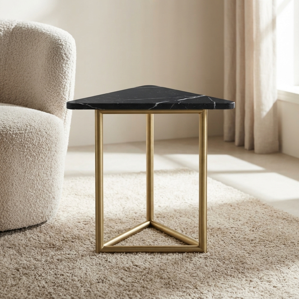 Ultra-Modern Gold Metal Side Table with Black Marble Triangular Top and Minimalist Open Frame Design