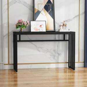 Ultra-Modern Matte Black Metal Console Table with Minimalist Open Frame and Double-Slat Geometric Base