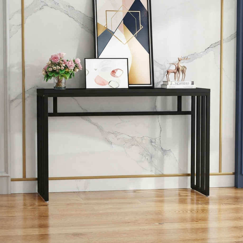 Ultra-Modern Matte Black Metal Console Table with Minimalist Open Frame and Double-Slat Geometric Base