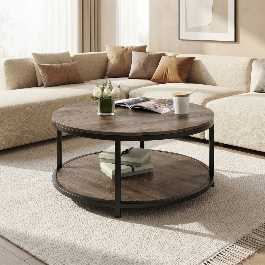 Ultra-Modern Round Wood and Black Metal Coffee Table with Two-Tier Storage and Open Frame Design