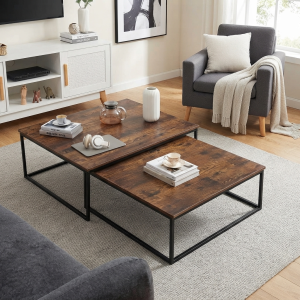 Ultra-Modern Set of 2 Nesting Coffee Tables with Rustic Wood Tops and Minimalist Black Metal Frames