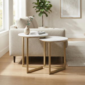 Ultra-Modern Set of 2 Gold Metal Nesting Side Tables with White Marble Tops and Geometric Triangular Base
