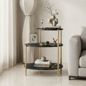 Ultra-Modern Gold Metal Three-Tier Side Table with Black Marble Tops and Minimalist Open Frame Design