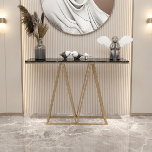 Ultra-Modern Gold Metal Console Table with Black Marble Top and Geometric Angled A-Frame Base