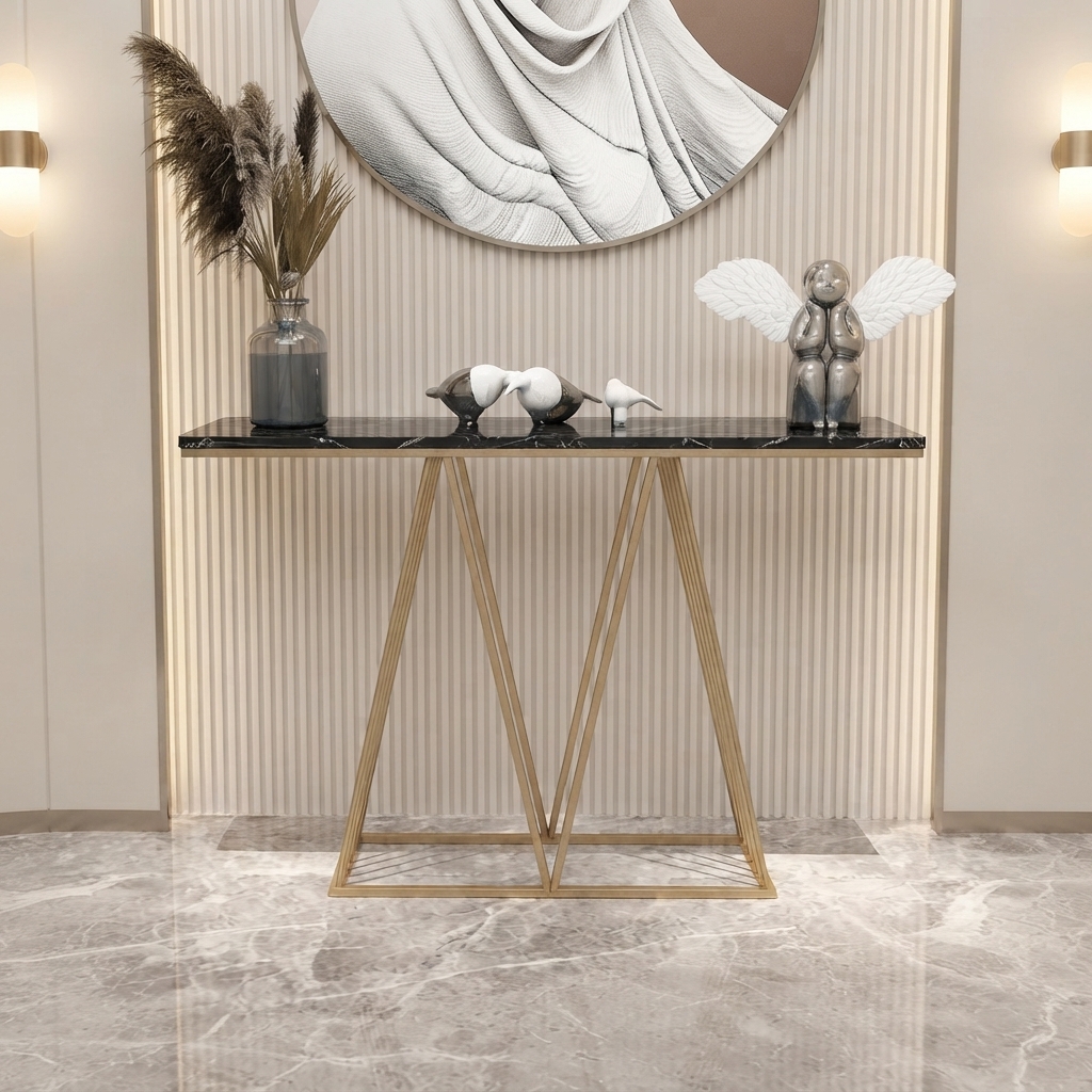 Ultra-Modern Gold Metal Console Table with Black Marble Top and Geometric Angled A-Frame Base