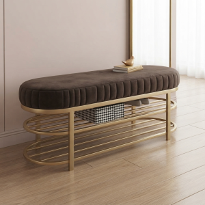 Ultra-Modern Gold Metal Bench with Dark Brown Velvet Channel Tufting and Slatted Shoe Rack