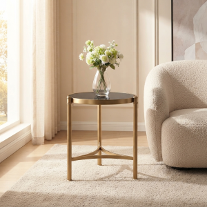Ultra-Modern Gold Metal Side Table with Black Glass Top and Elegant Curved Tripod Base
