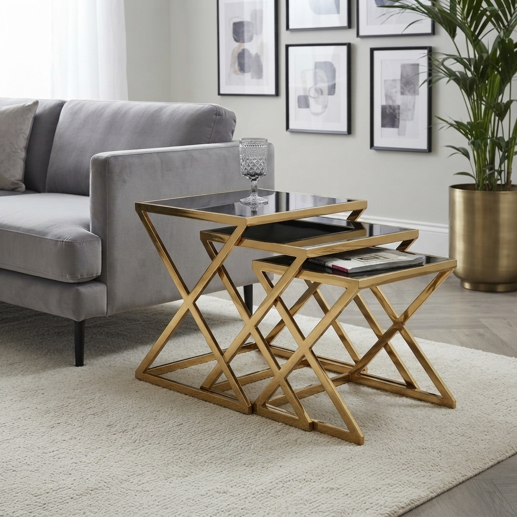 Ultra-Modern Set of 3 Gold Metal Nesting Coffee Tables with Black Glass Tops and Geometric X-Brace Frames