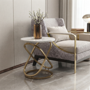 Ultra-Modern Gold Metal Side Table with White Marble Top and Sculptural Interlocking Orbital Base