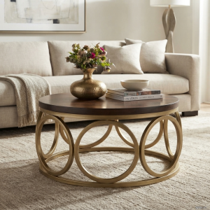Ultra-Modern Gold Metal Round Coffee Table with Dark Wood Top and Sculptural Interlocking Circular Ring Base