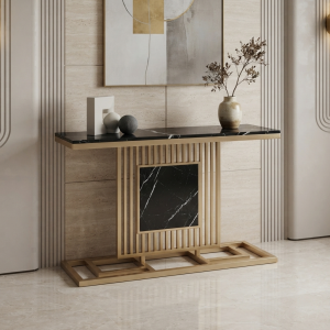 Ultra-Modern Gold Metal Console Table with Black Marble Top and Vertical Slatted Geometric Stepped Base