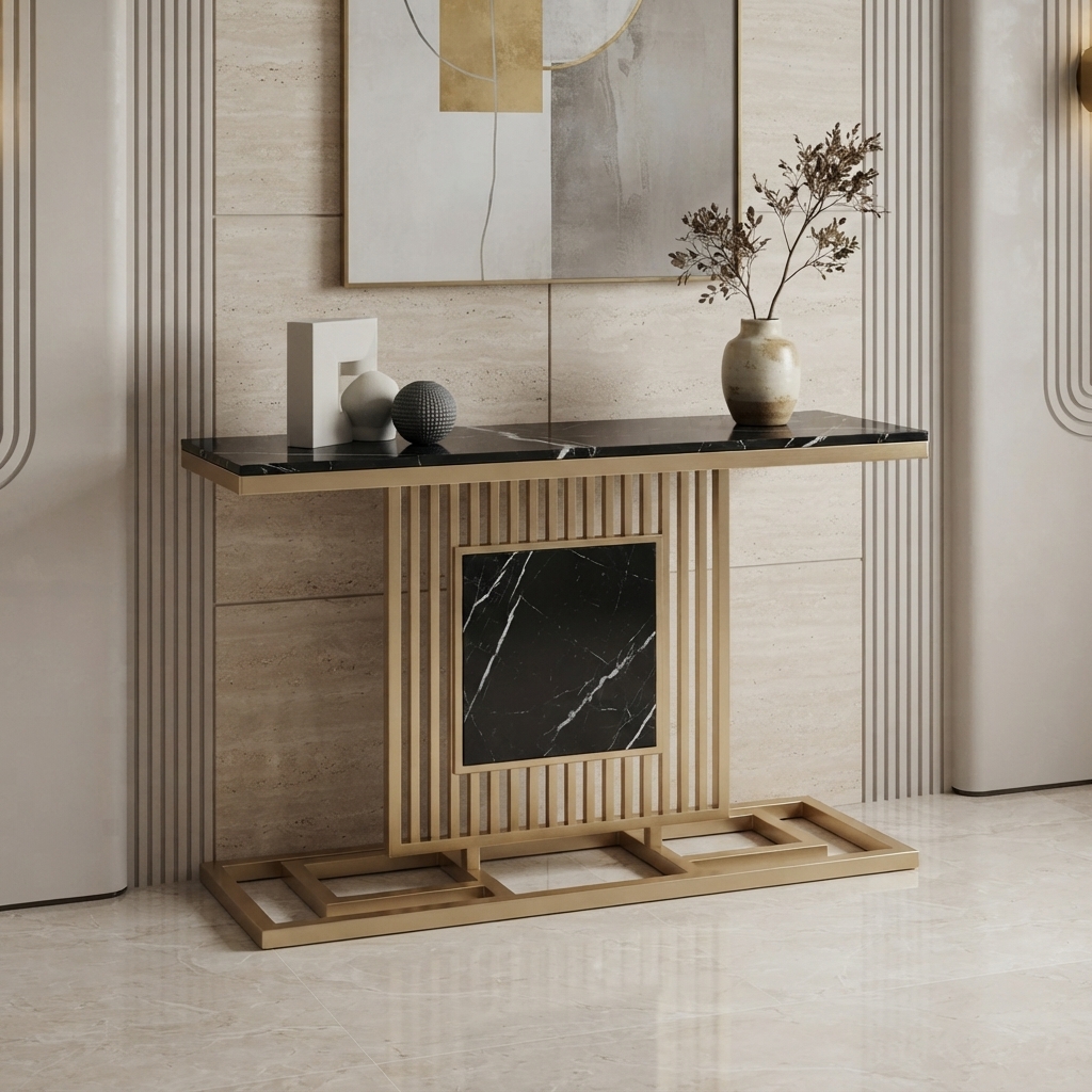 Ultra-Modern Gold Metal Console Table with Black Marble Top and Vertical Slatted Geometric Stepped Base