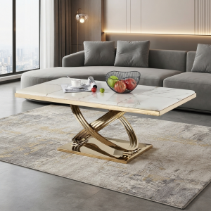 Ultra-Modern White Marble Coffee Table with Polished Gold Sculptural X-Base and Rectangular Plinth
