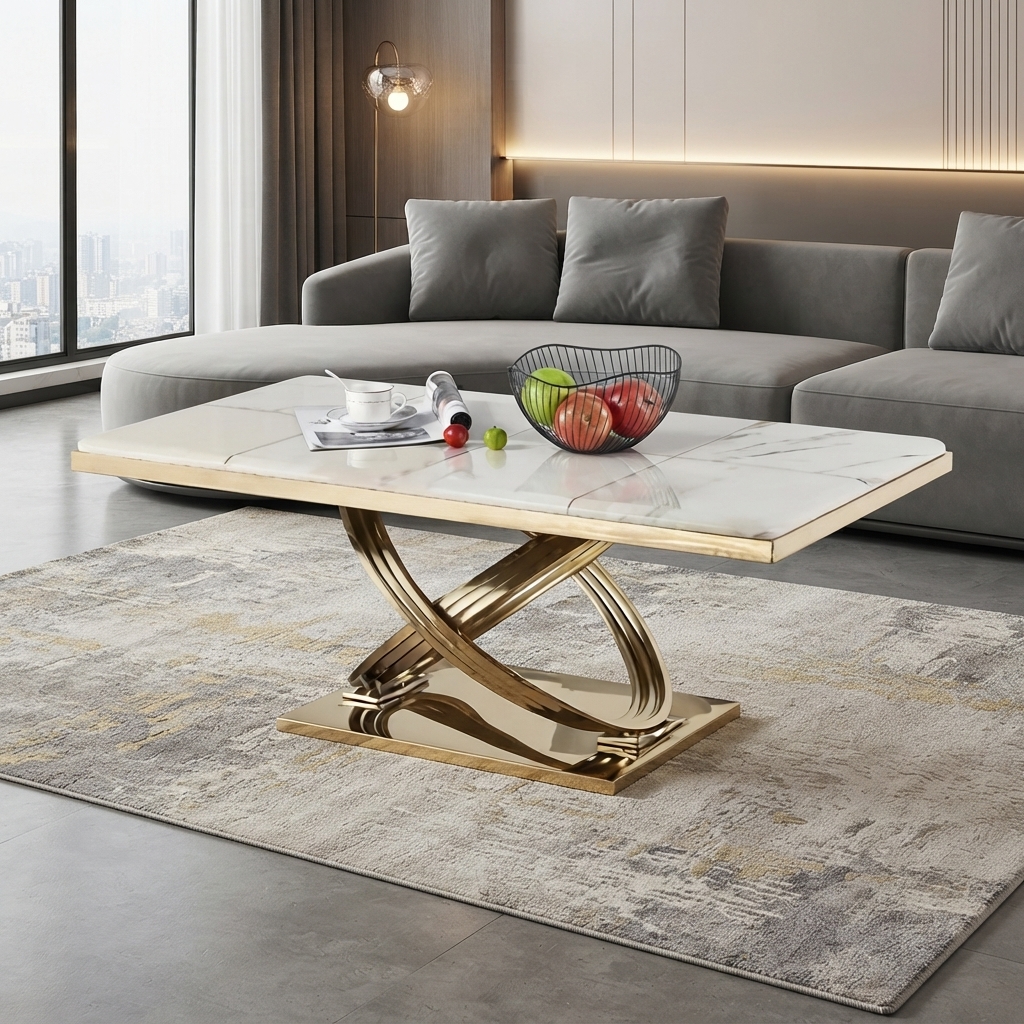 Ultra-Modern White Marble Coffee Table with Polished Gold Sculptural X-Base and Rectangular Plinth