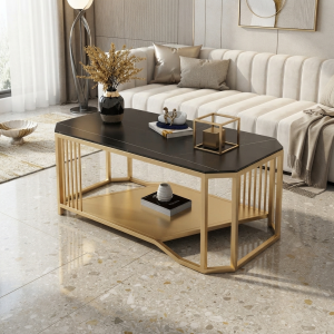 Ultra-Modern Gold Metal Octagonal Coffee Table with Black Marble Top and Geometric Vertical Slatted Frame
