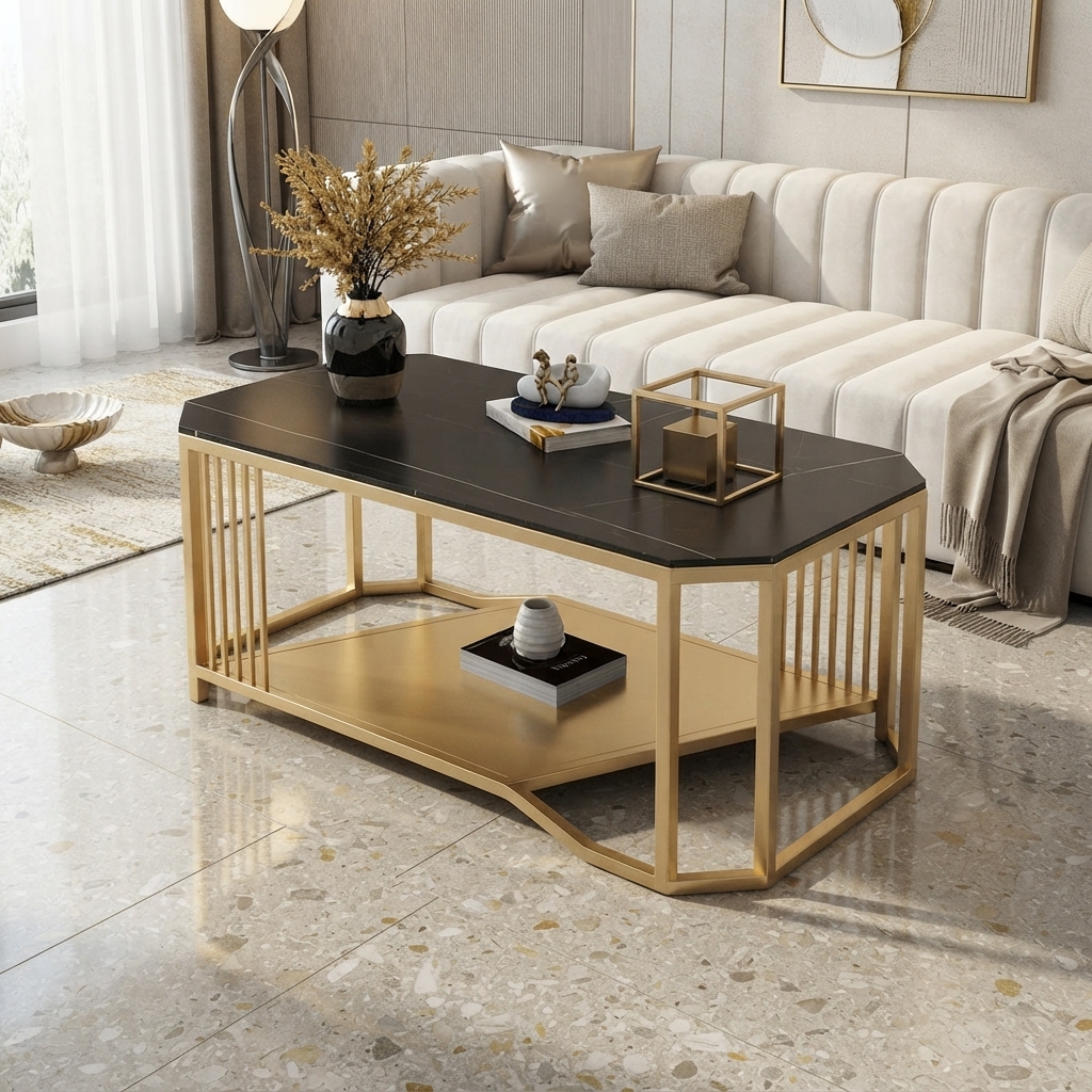 Ultra-Modern Gold Metal Octagonal Coffee Table with Black Marble Top and Geometric Vertical Slatted Frame
