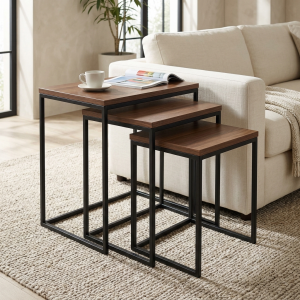 Ultra-Modern Set of 3 Rectangular Nesting Tables with Dark Wood Tops and Minimalist Matte Black Metal Frames