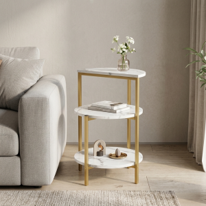 Ultra-Modern Gold Metal Side Table with White Marble Tops and Three-Tier Minimalist Open Frame