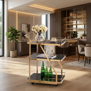 Ultra-Modern Gold Metal Bar Cart with Black Glass Shelves and Sculptural Angled Frame